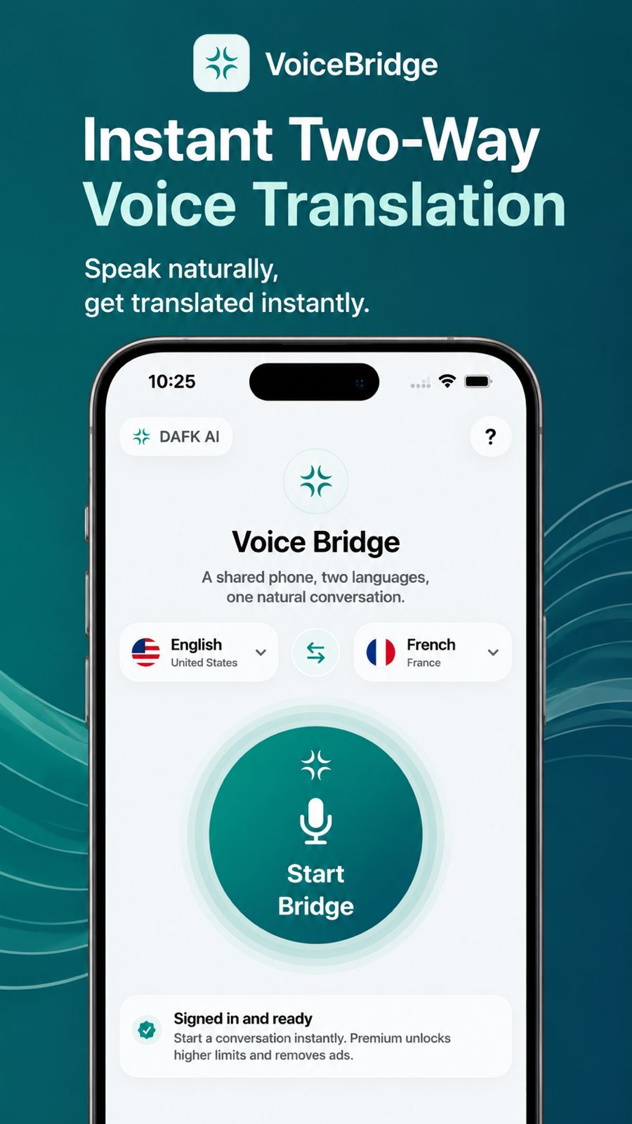 Voice Bridge iPhone app start screen